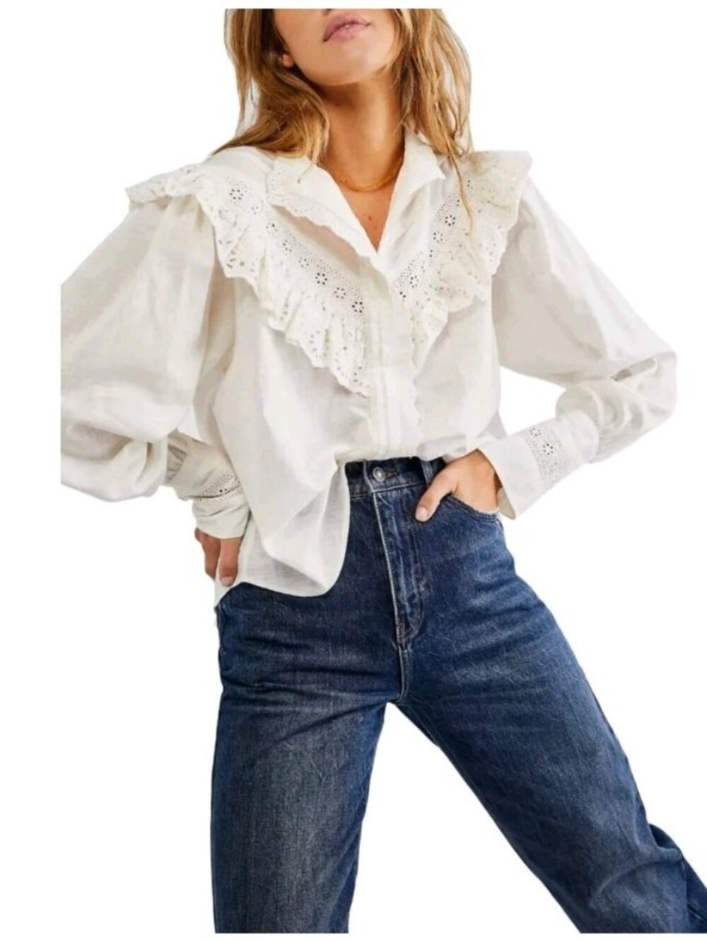 Free People Shirt Blouse Eyelet Ruffle Pintuck Boho Victorian Romantic S White